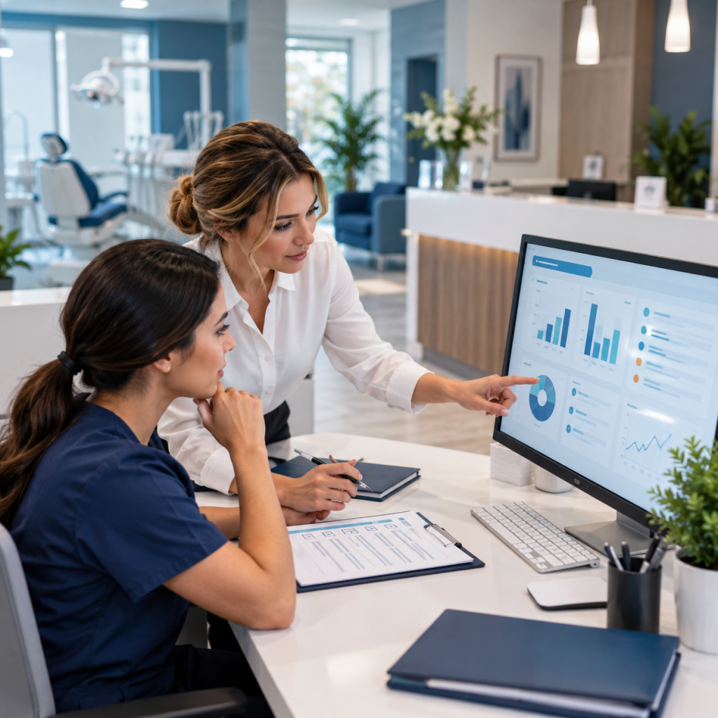 Dental practice professionals reviewing a visual dental billing workflow with claims, technology, security, and reporting icons.