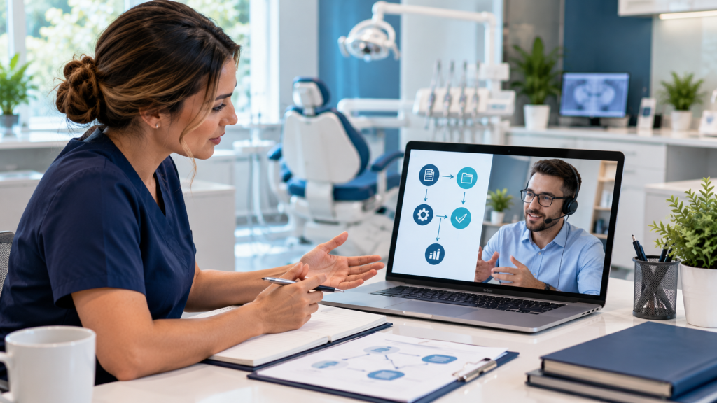 Dental billing professional reviewing a claims follow-up worklist and reporting workflow.