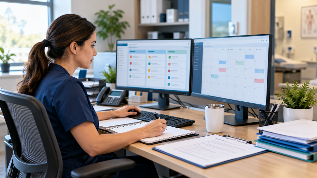 Healthcare operations coordinator tracking payer enrollment applications and credentialing follow-ups using dual monitors, a calendar, and organized documents.