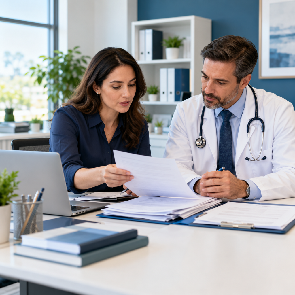 Healthcare administrator and physician reviewing credentialing documents in a medical office.