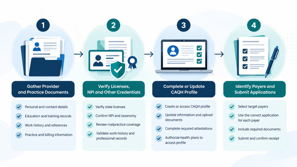 Medical credentialing process infographic showing document collection, license verification, CAQH profile review, and payer application preparation.